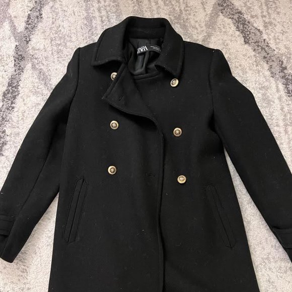 ZARA DOUBLE BREASTED WOOL BLEND COAT BLACK - Picture 1 of 3